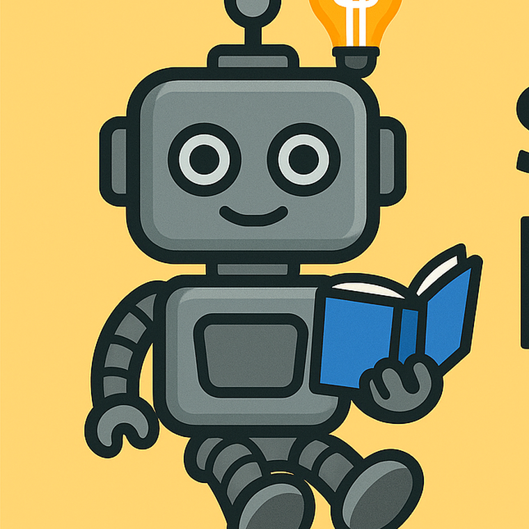 Freundlicher Roboter mit Buch und leuchtender Glühbirne
